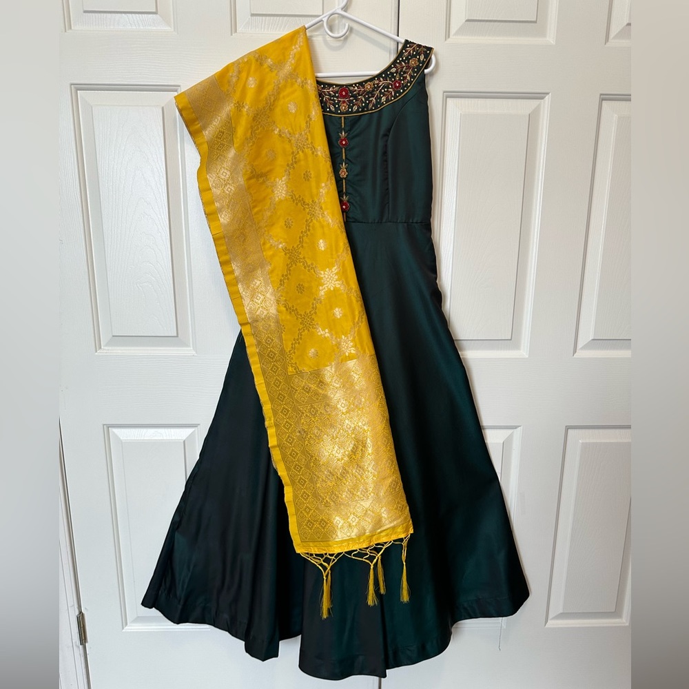 Dark Green Floor Length Gown with Yellow Scarf